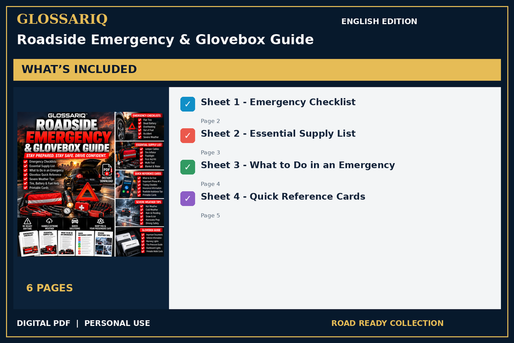GLOSSARIQ Roadside Emergency & Glovebox Guide — English edition — included content