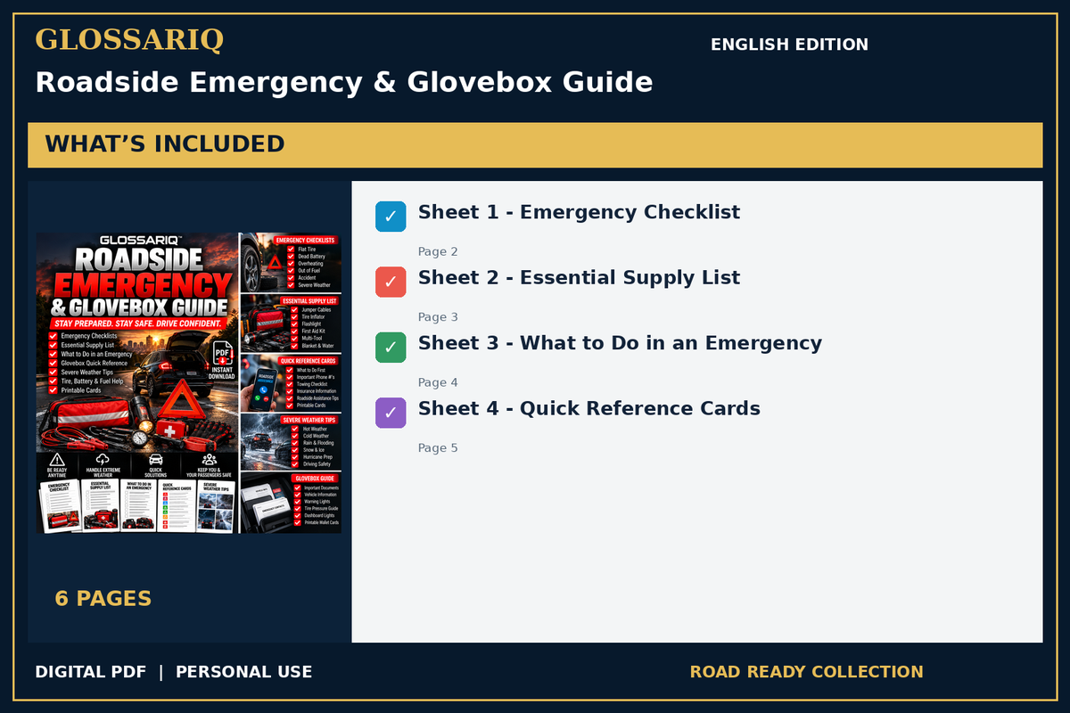 GLOSSARIQ Roadside Emergency & Glovebox Guide — English edition — included content