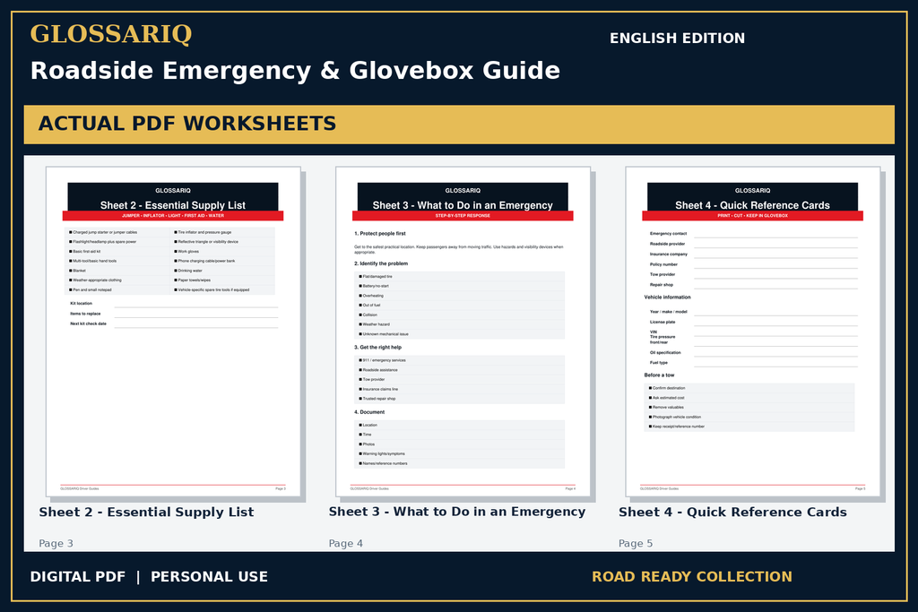 GLOSSARIQ Roadside Emergency & Glovebox Guide — English edition — three actual PDF worksheets