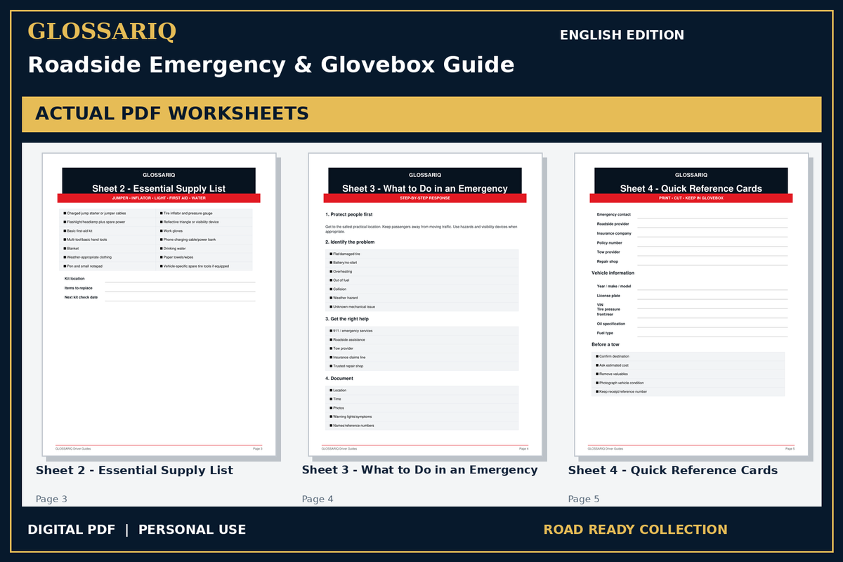 GLOSSARIQ Roadside Emergency & Glovebox Guide — English edition — three actual PDF worksheets