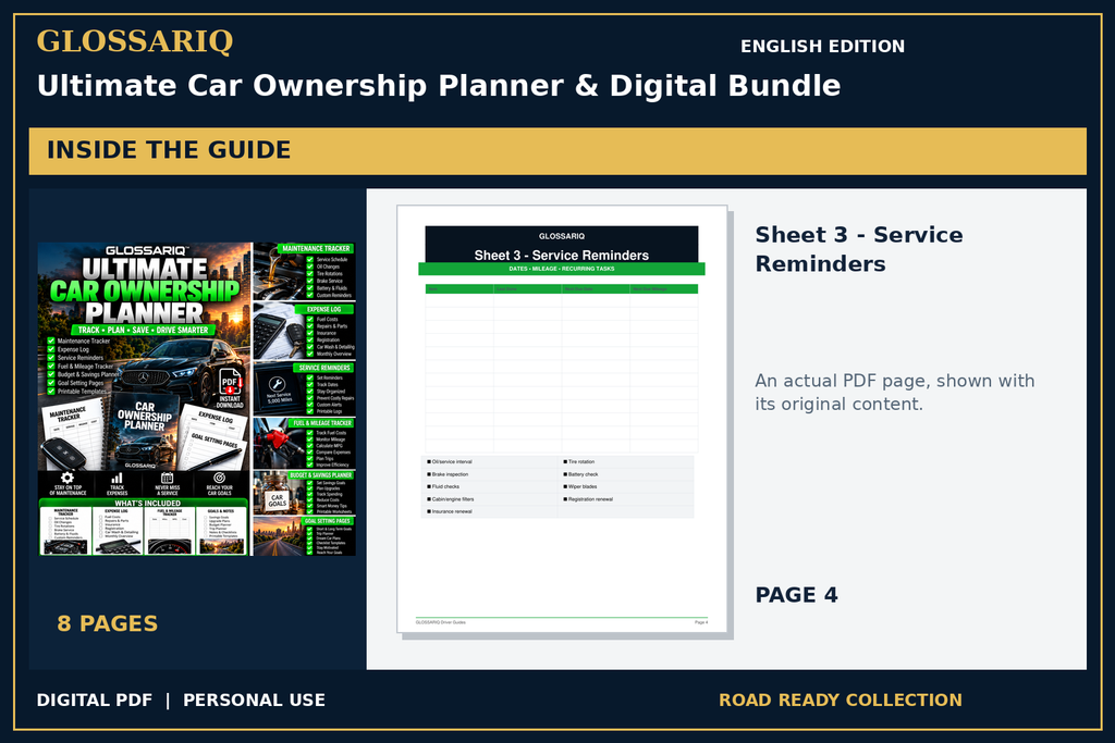 GLOSSARIQ Ultimate Car Ownership Planner & Digital Bundle — English edition — actual interior page