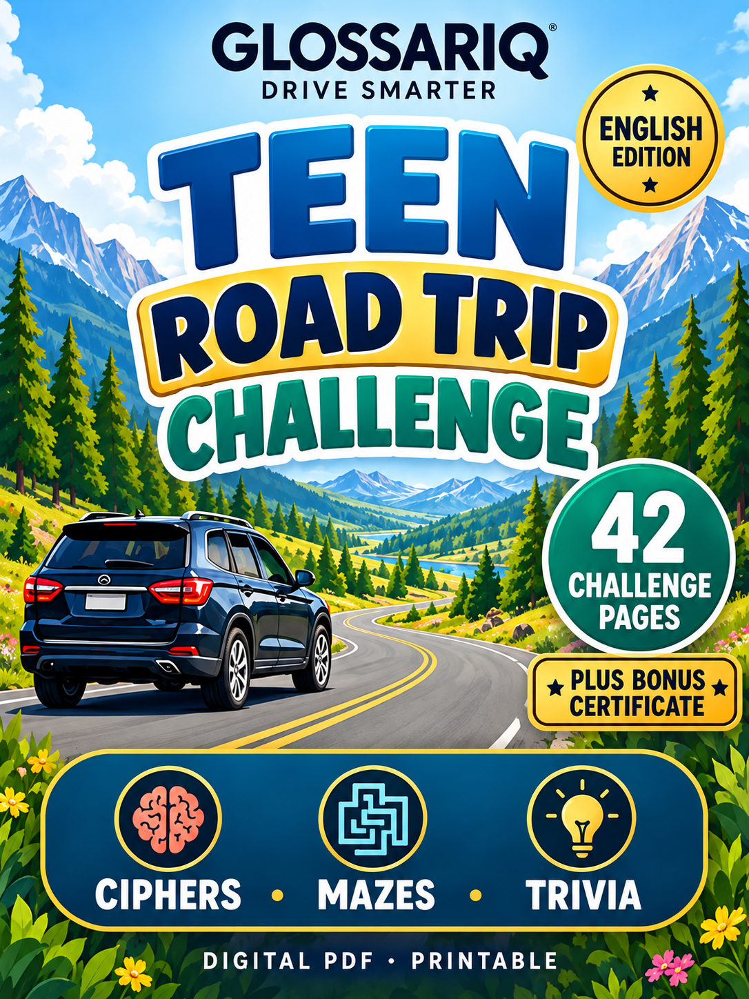 GLOSSARIQ Teen Road Trip Challenge, English edition, 42 printable pages — custom cover