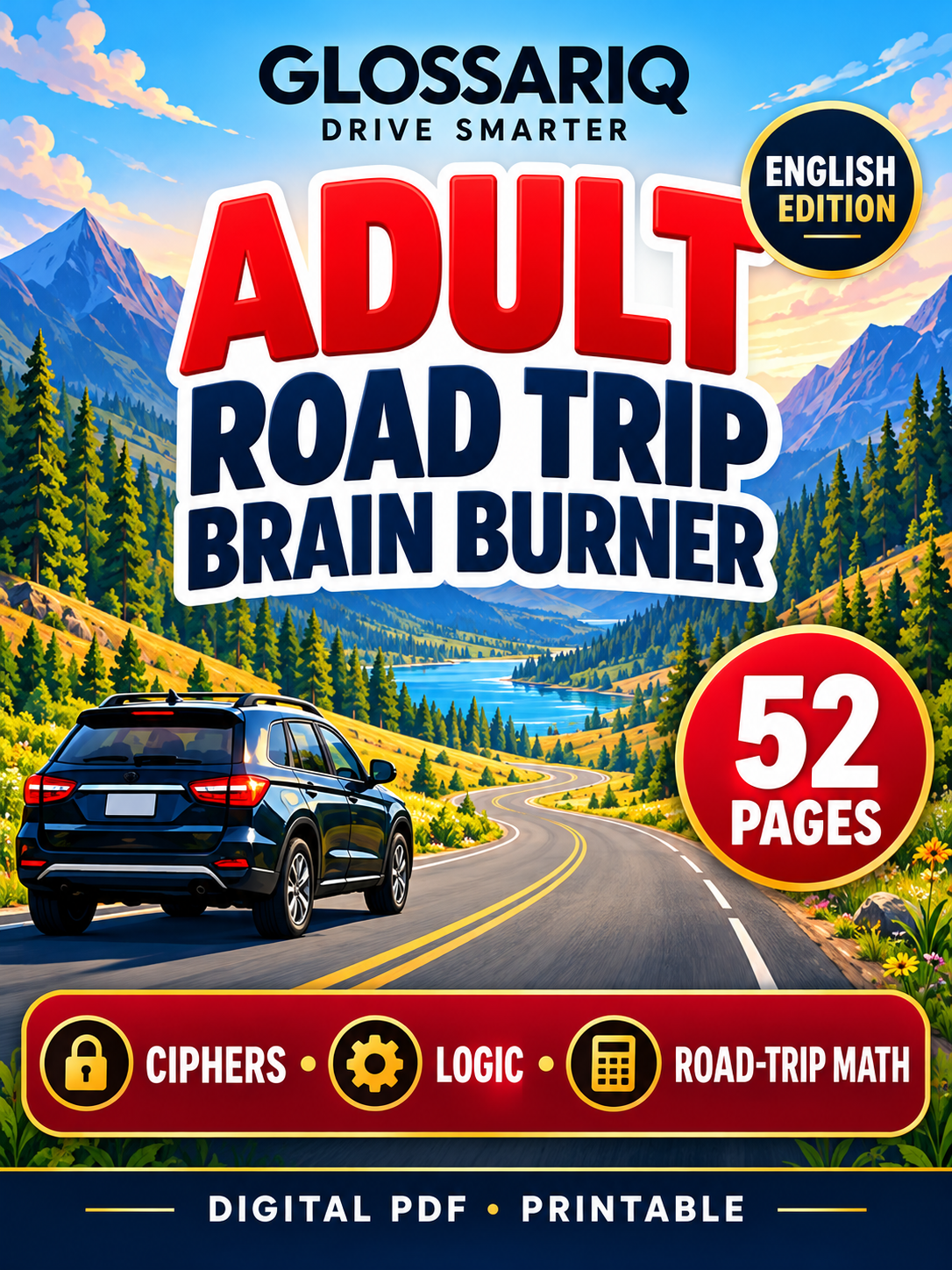 GLOSSARIQ Adult Road Trip Brain Burner, English edition, 52 printable pages — custom cover