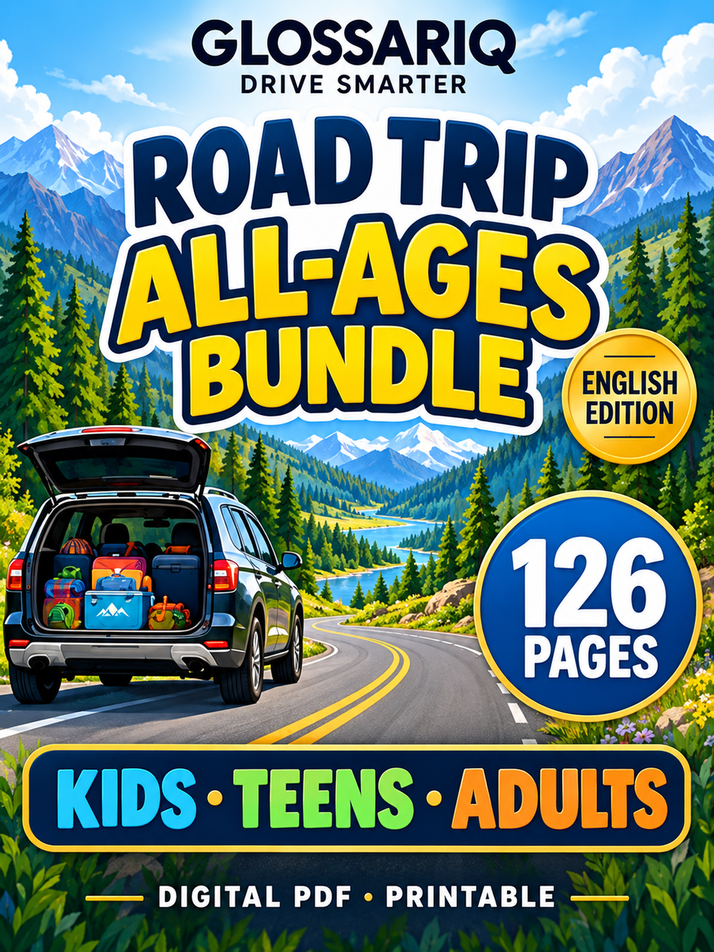 GLOSSARIQ Road Trip All-Ages Bundle, English edition, 126 printable pages — custom cover