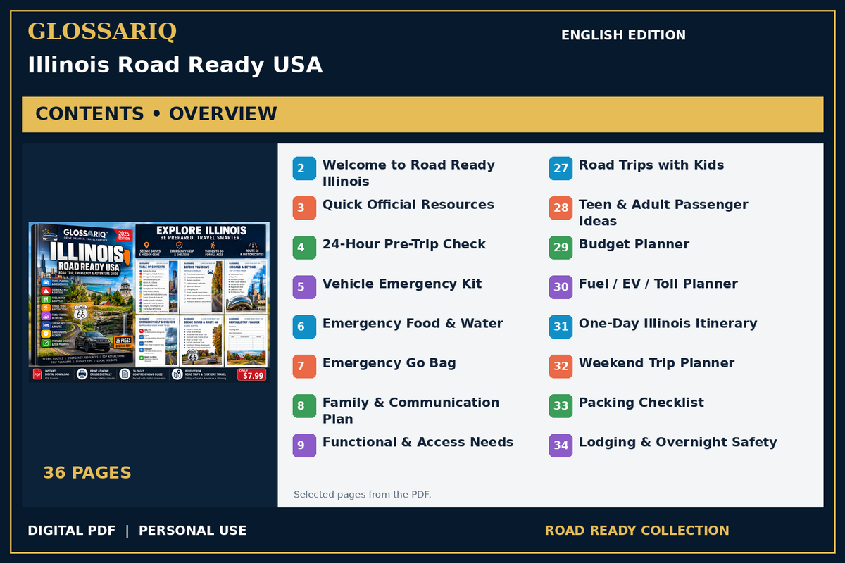 GLOSSARIQ Illinois Road Ready USA — English edition — PDF contents overview