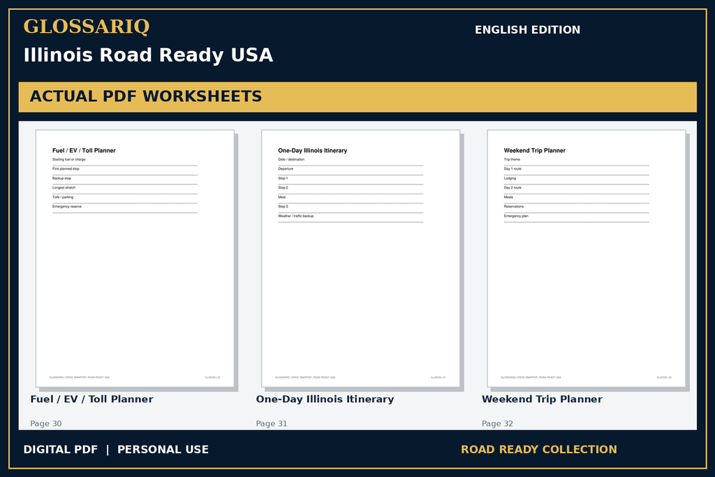 GLOSSARIQ Illinois Road Ready USA — English edition — three actual PDF worksheets