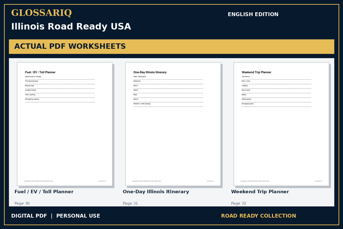 GLOSSARIQ Illinois Road Ready USA — English edition — three actual PDF worksheets