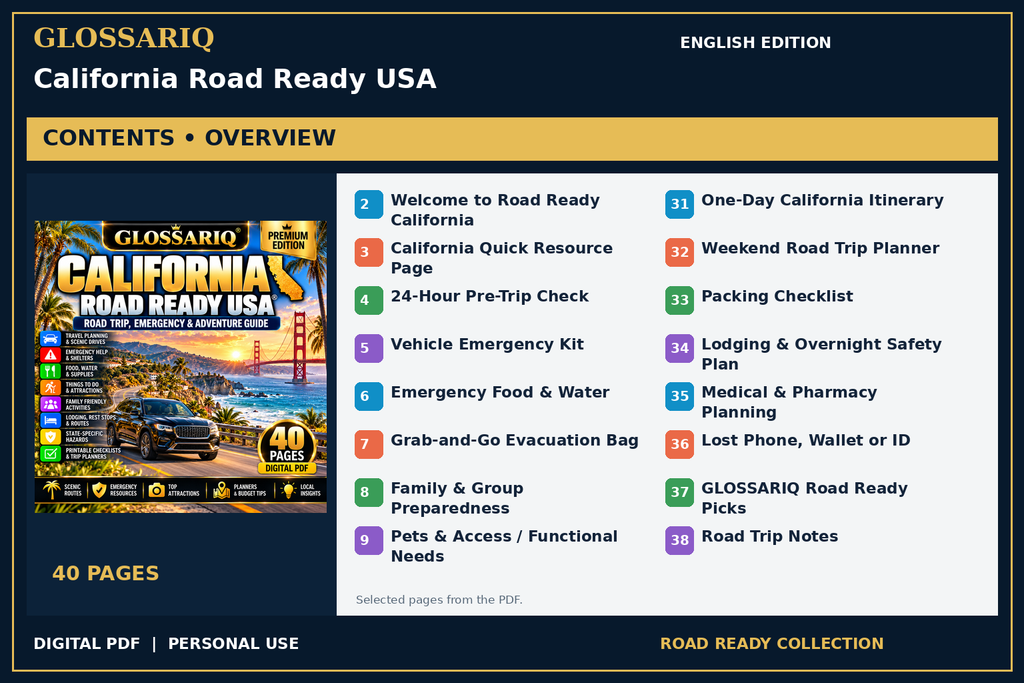 GLOSSARIQ California Road Ready USA — English edition — PDF contents overview