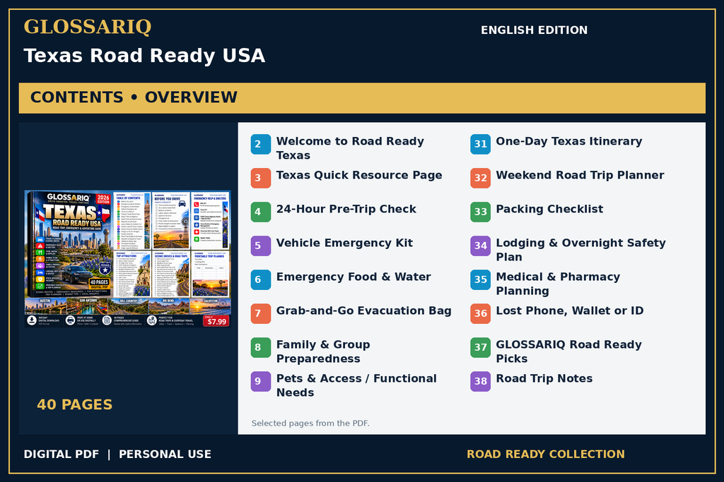 GLOSSARIQ Texas Road Ready USA — English edition — PDF contents overview