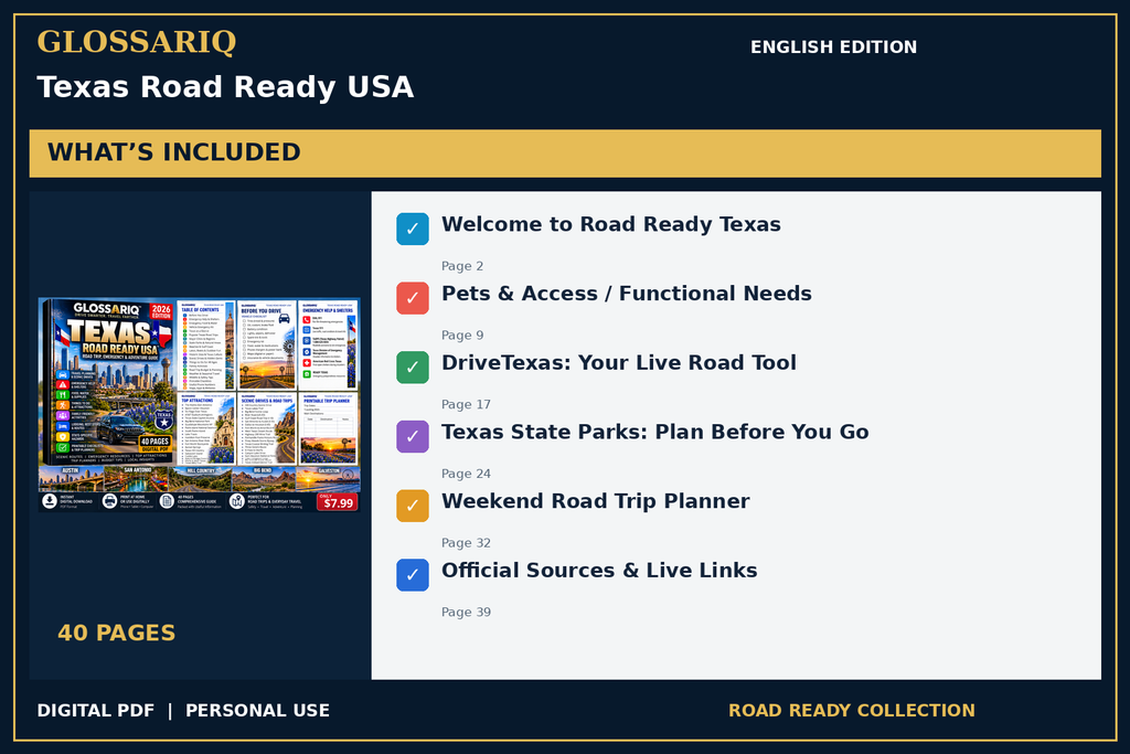 GLOSSARIQ Texas Road Ready USA — English edition — included content