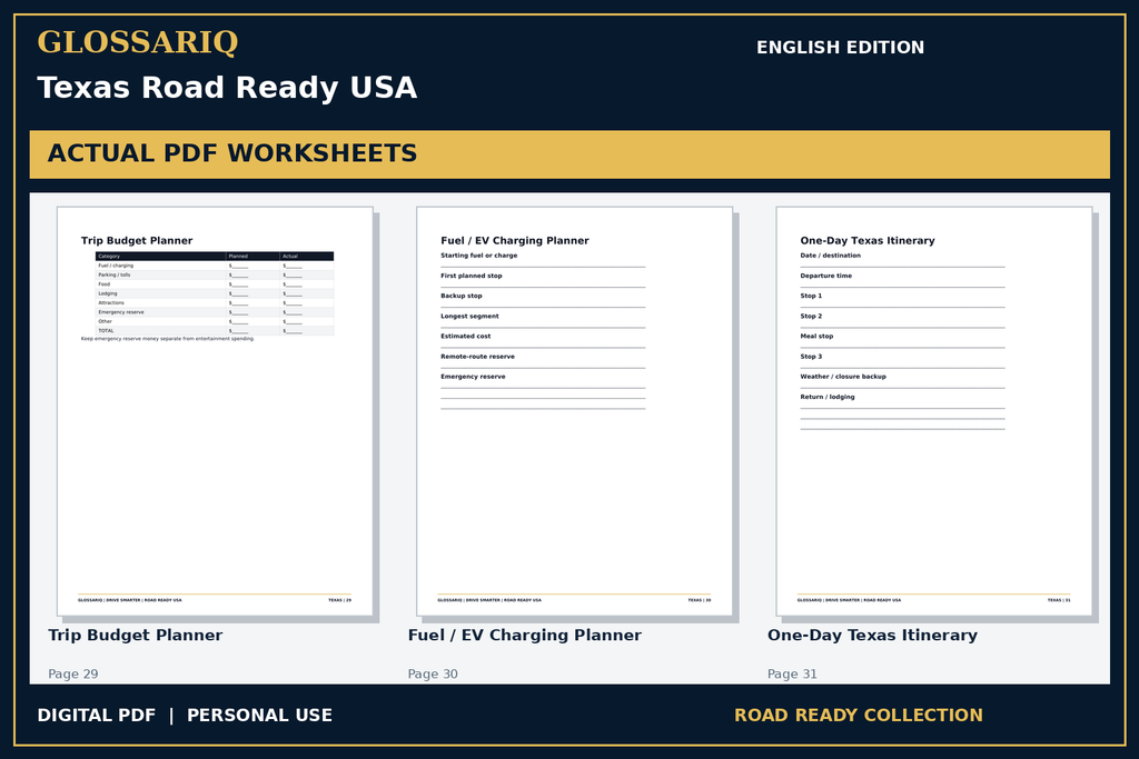 GLOSSARIQ Texas Road Ready USA — English edition — three actual PDF worksheets