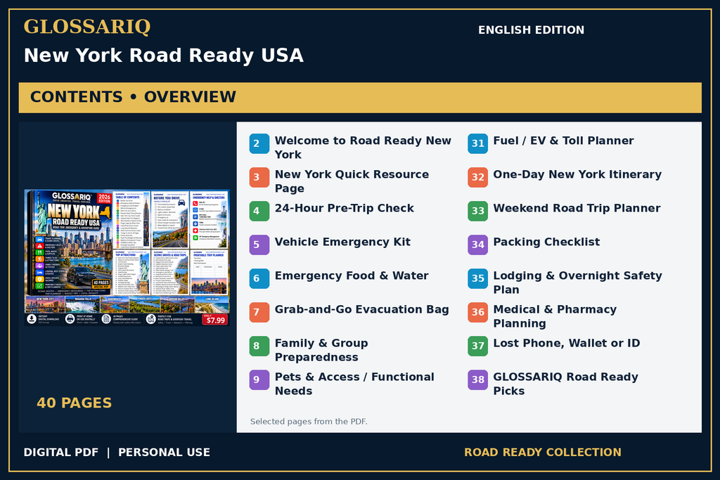 GLOSSARIQ New York Road Ready USA — English edition — PDF contents overview