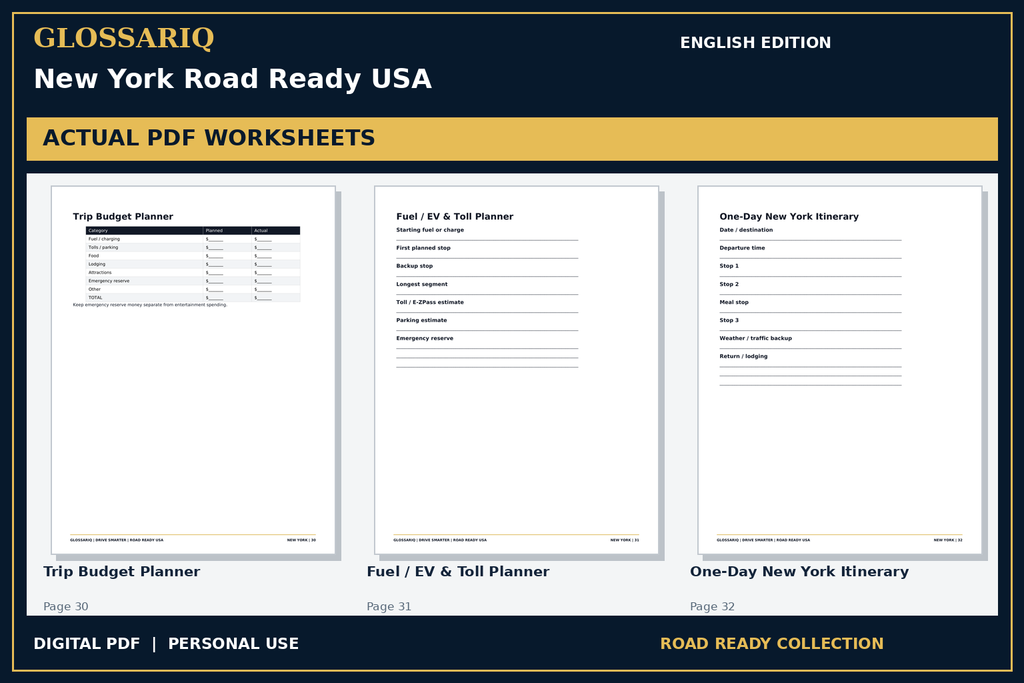 GLOSSARIQ New York Road Ready USA — English edition — three actual PDF worksheets