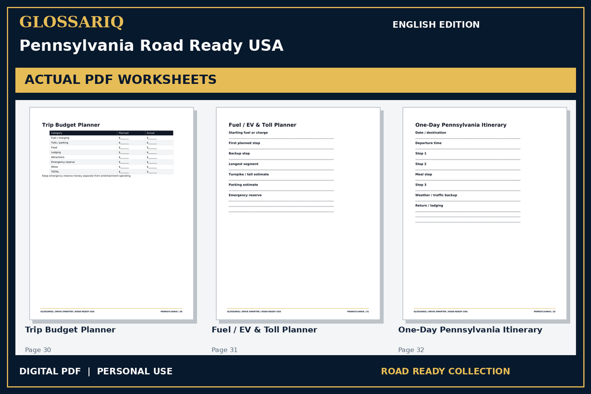 GLOSSARIQ Pennsylvania Road Ready USA — English edition — three actual PDF worksheets