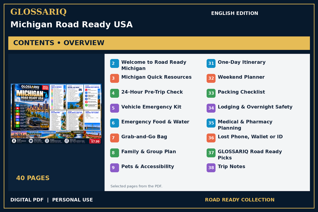 GLOSSARIQ Michigan Road Ready USA — English edition — PDF contents overview