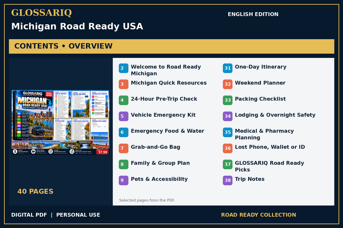 GLOSSARIQ Michigan Road Ready USA — English edition — PDF contents overview