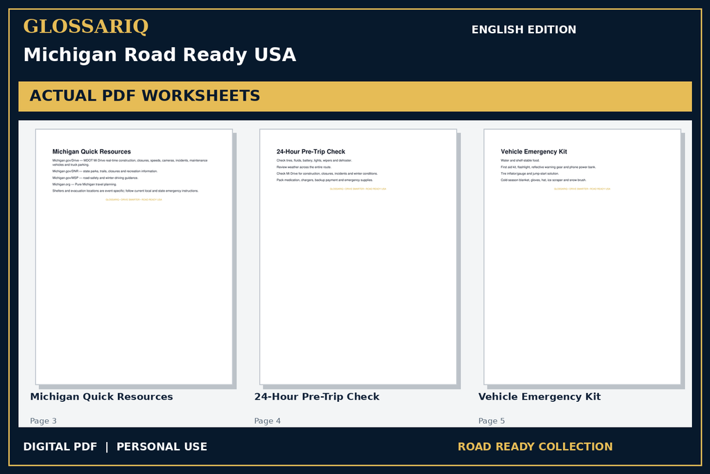 GLOSSARIQ Michigan Road Ready USA — English edition — three actual PDF worksheets