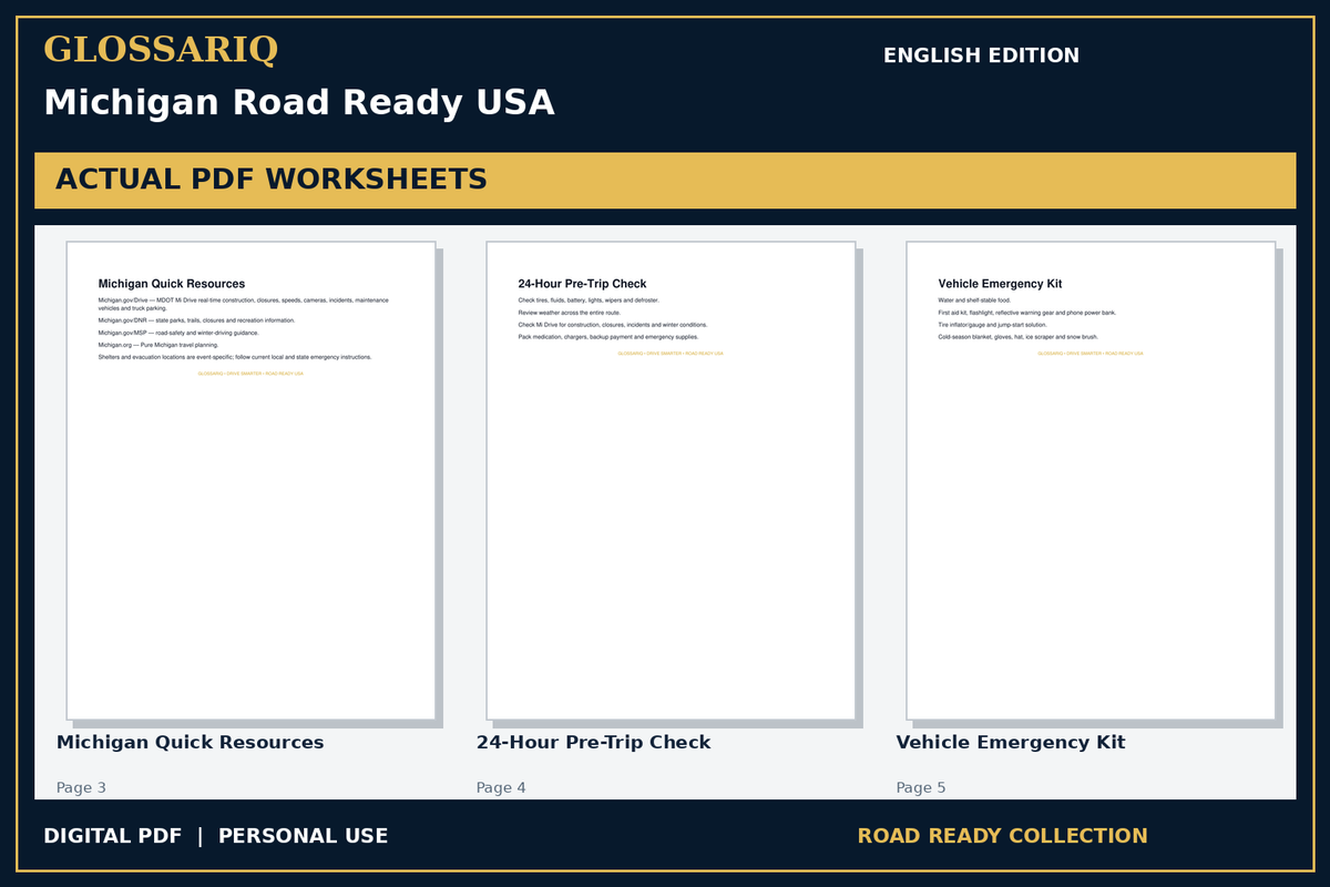 GLOSSARIQ Michigan Road Ready USA — English edition — three actual PDF worksheets