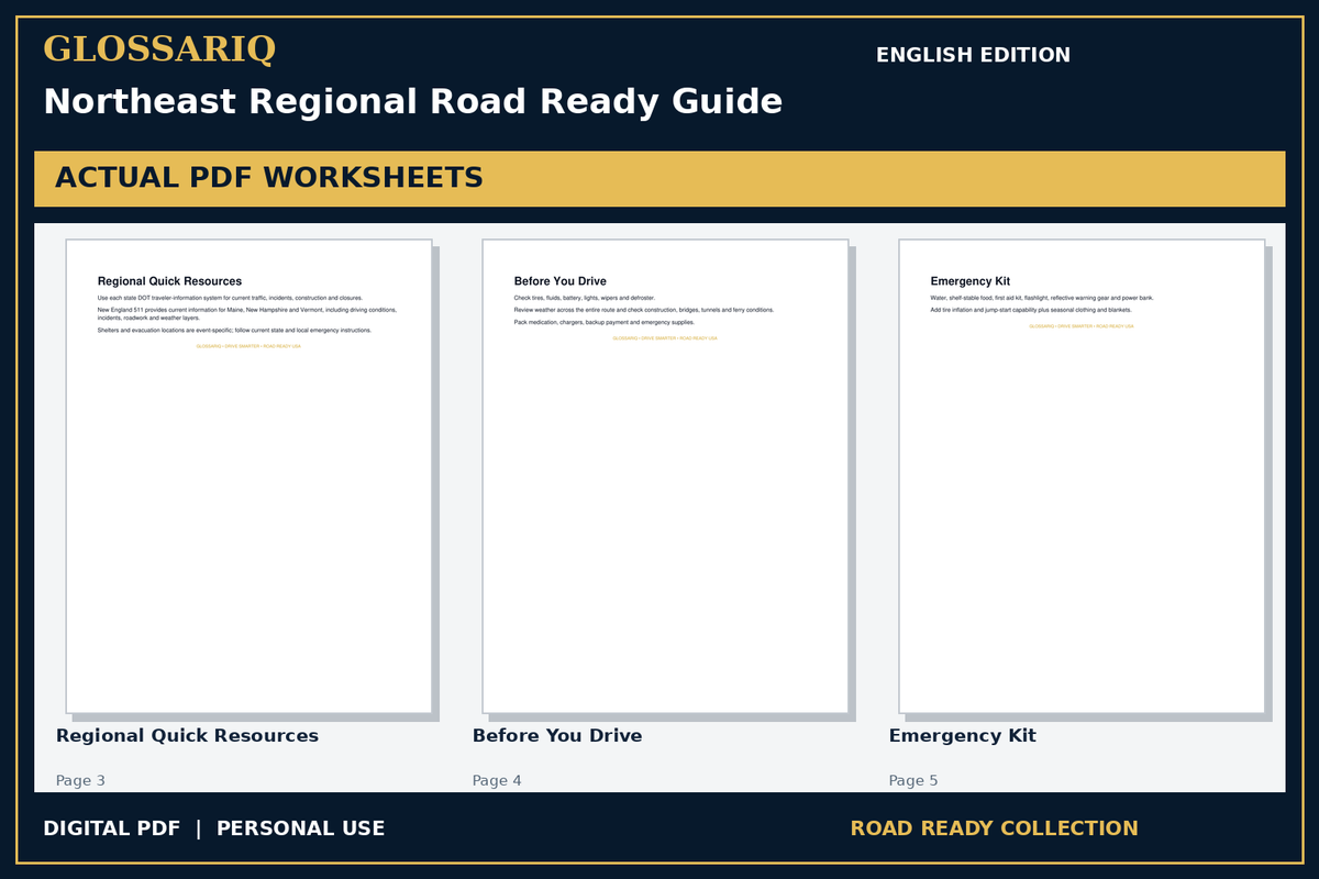 GLOSSARIQ Northeast Regional Road Ready Guide — English edition — three actual PDF worksheets
