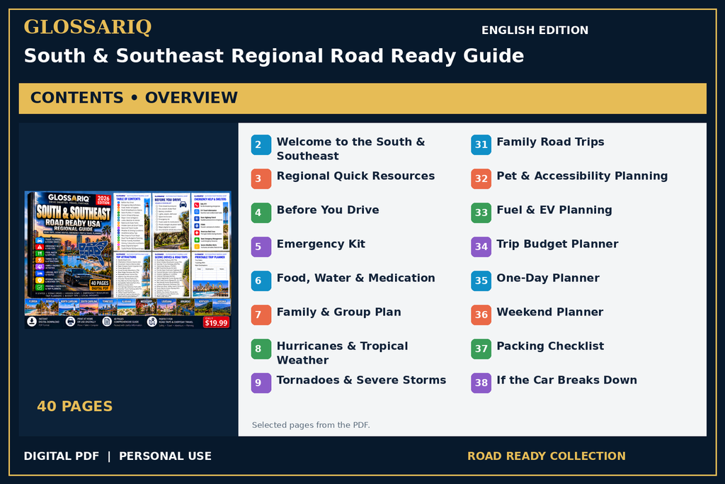 GLOSSARIQ South & Southeast Regional Road Ready Guide — English edition — PDF contents overview
