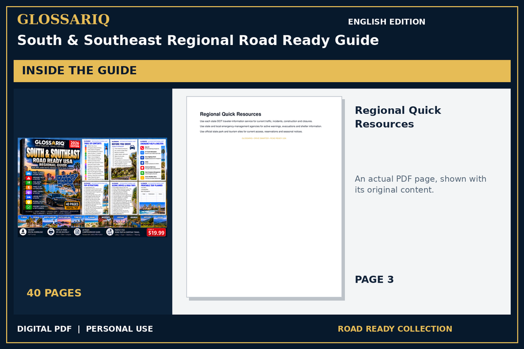 GLOSSARIQ South & Southeast Regional Road Ready Guide — English edition — actual interior page