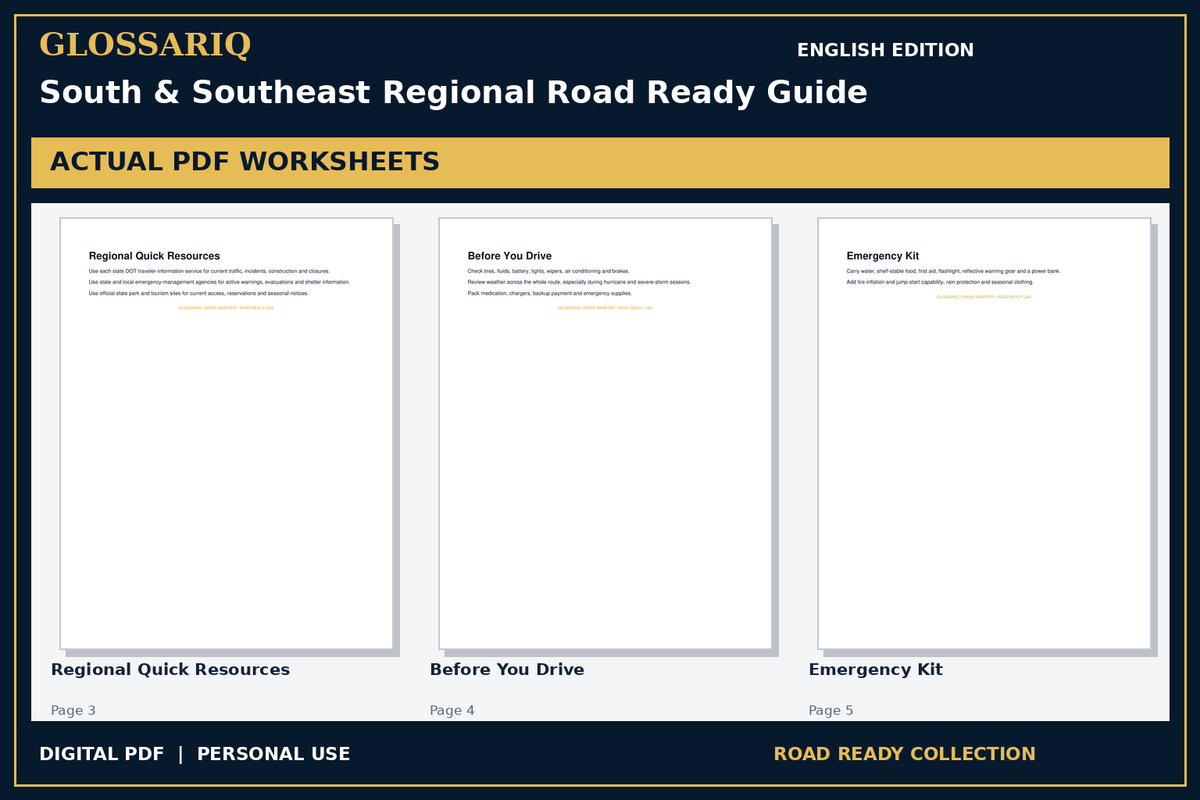 GLOSSARIQ South & Southeast Regional Road Ready Guide — English edition — three actual PDF worksheets