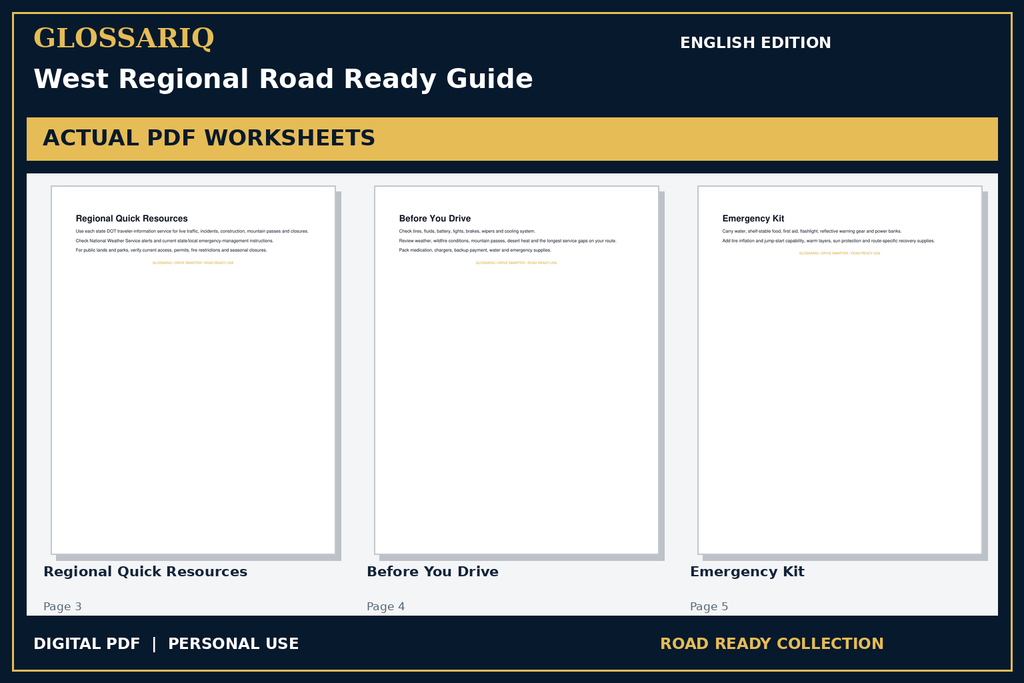 GLOSSARIQ West Regional Road Ready Guide — English edition — three actual PDF worksheets