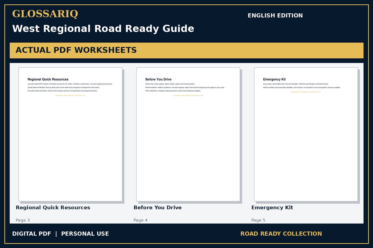 GLOSSARIQ West Regional Road Ready Guide — English edition — three actual PDF worksheets