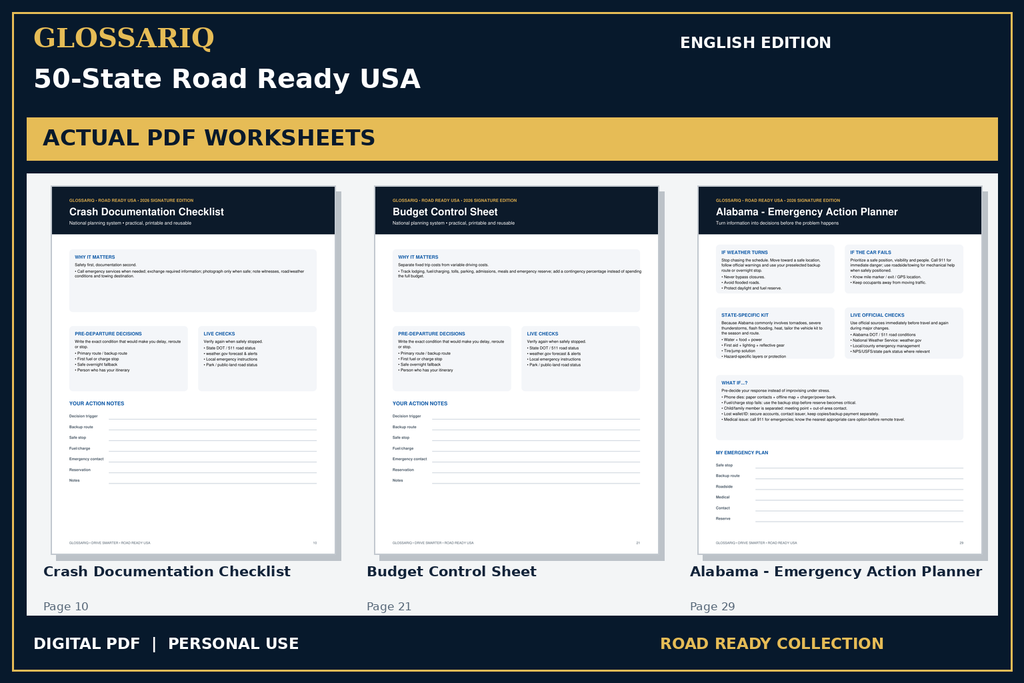 GLOSSARIQ 50-State Road Ready USA — English edition — three actual PDF worksheets