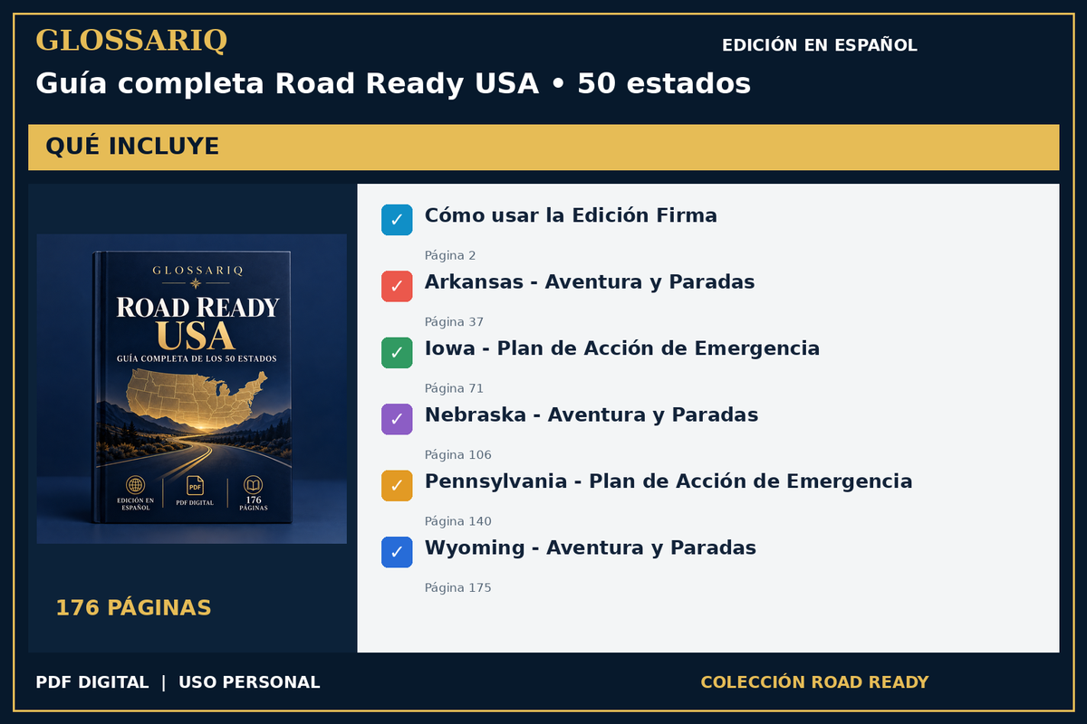 GLOSSARIQ Guía completa Road Ready USA • 50 estados — edición en español — contenido incluido