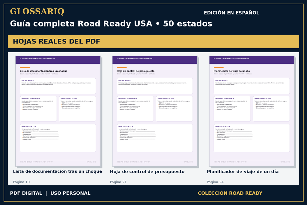 GLOSSARIQ Guía completa Road Ready USA • 50 estados — edición en español — tres hojas reales del PDF