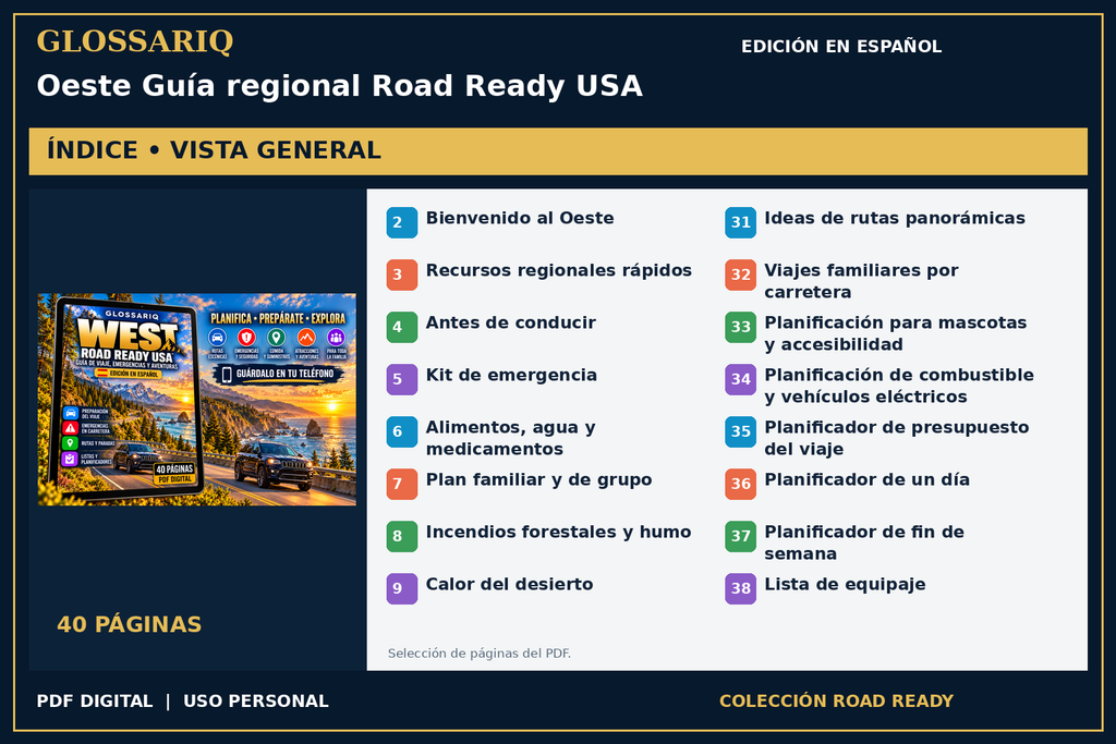 GLOSSARIQ Oeste Guía regional Road Ready USA — edición en español — índice del PDF