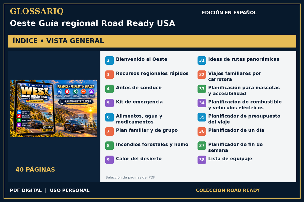 GLOSSARIQ Oeste Guía regional Road Ready USA — edición en español — índice del PDF