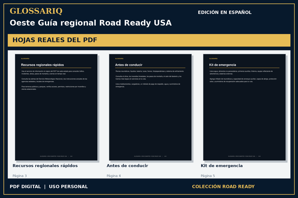 GLOSSARIQ Oeste Guía regional Road Ready USA — edición en español — tres hojas reales del PDF