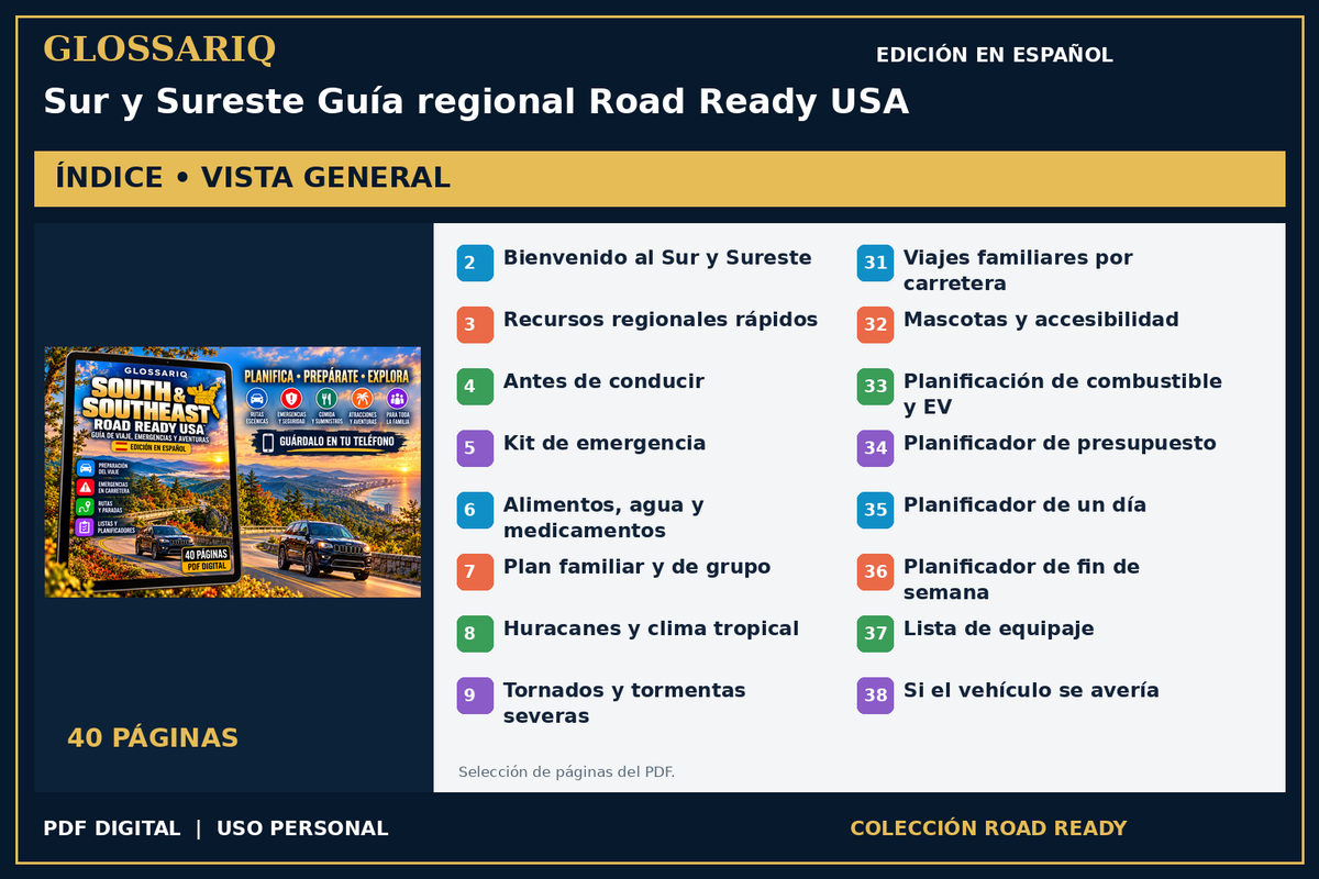 GLOSSARIQ Sur y Sureste Guía regional Road Ready USA — edición en español — índice del PDF