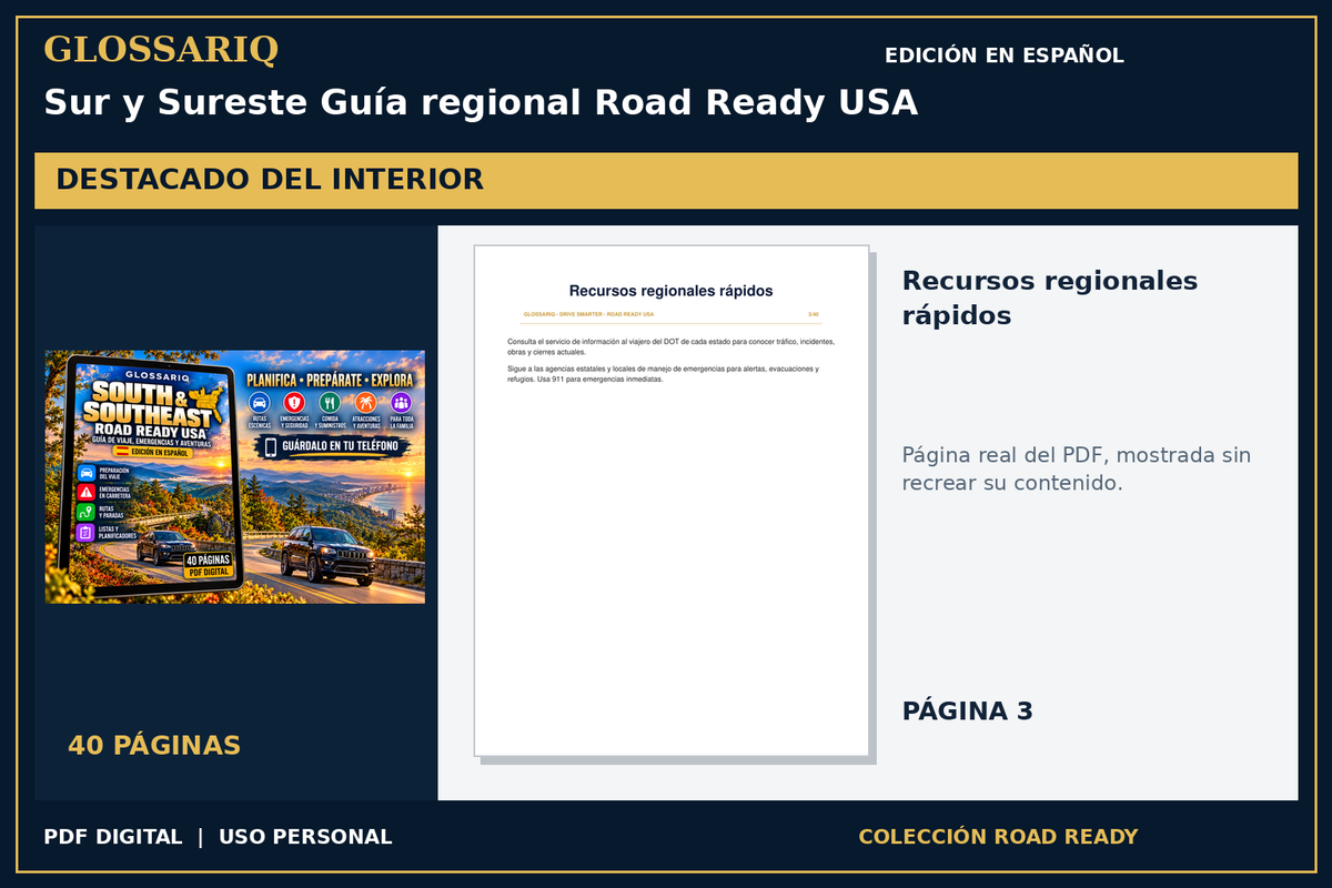 GLOSSARIQ Sur y Sureste Guía regional Road Ready USA — edición en español — página real del interior