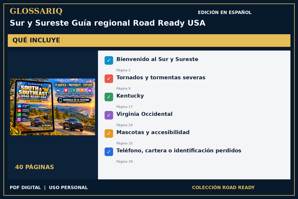 GLOSSARIQ Sur y Sureste Guía regional Road Ready USA — edición en español — contenido incluido