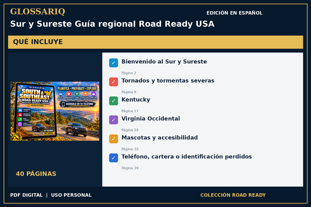 GLOSSARIQ Sur y Sureste Guía regional Road Ready USA — edición en español — contenido incluido