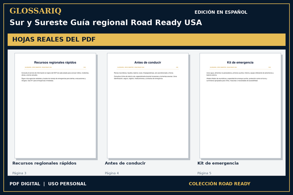 GLOSSARIQ Sur y Sureste Guía regional Road Ready USA — edición en español — tres hojas reales del PDF