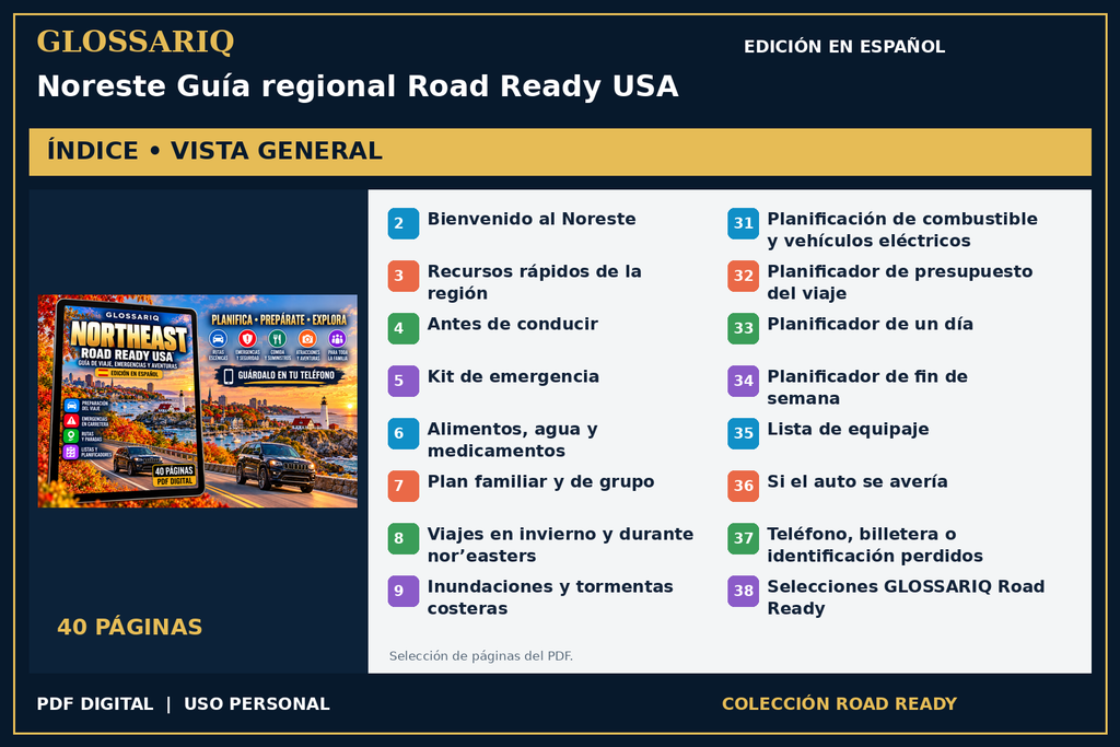 GLOSSARIQ Noreste Guía regional Road Ready USA — edición en español — índice del PDF