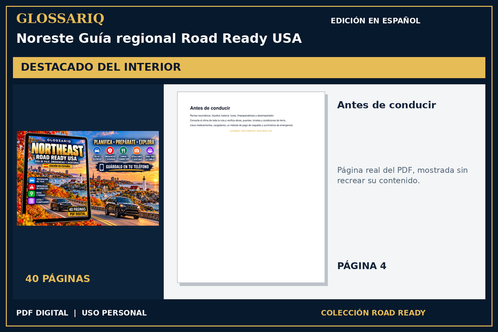 GLOSSARIQ Noreste Guía regional Road Ready USA — edición en español — página real del interior