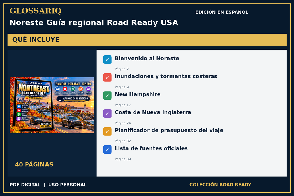 GLOSSARIQ Noreste Guía regional Road Ready USA — edición en español — contenido incluido