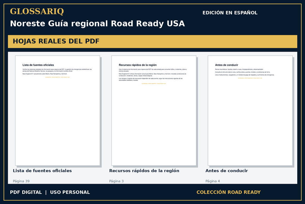 GLOSSARIQ Noreste Guía regional Road Ready USA — edición en español — tres hojas reales del PDF