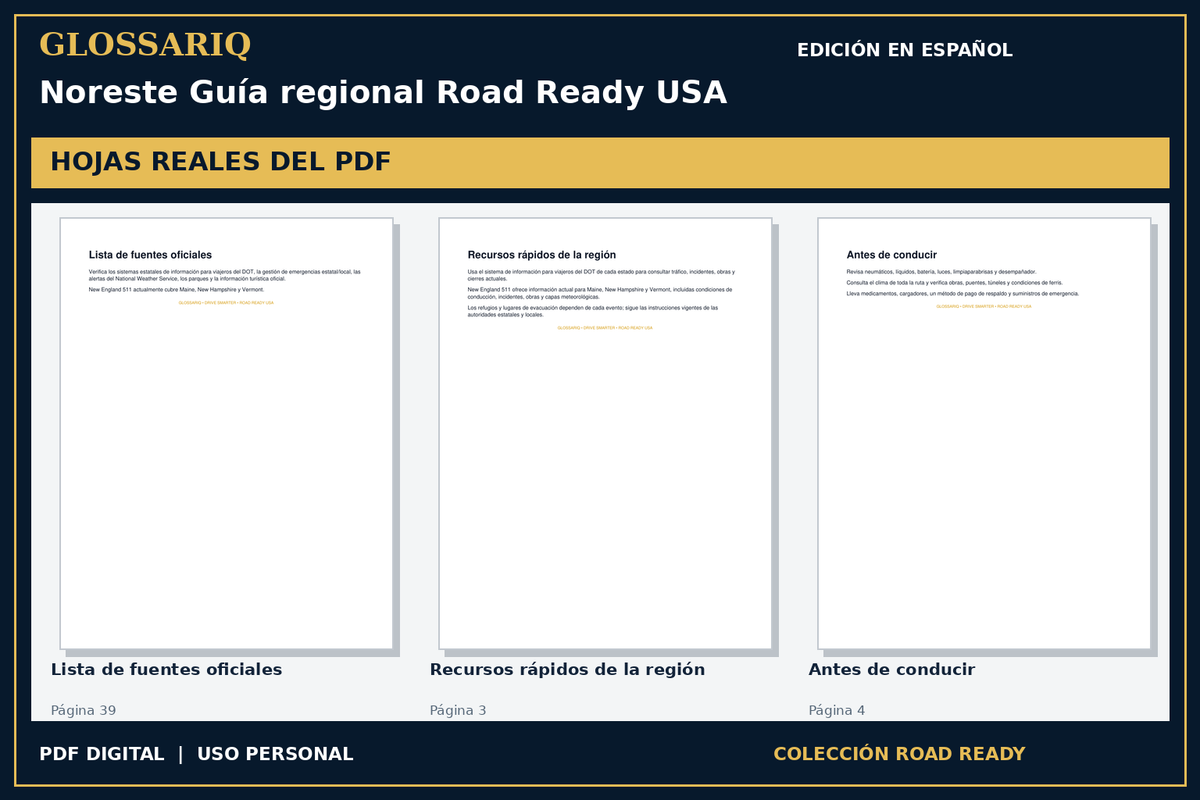 GLOSSARIQ Noreste Guía regional Road Ready USA — edición en español — tres hojas reales del PDF