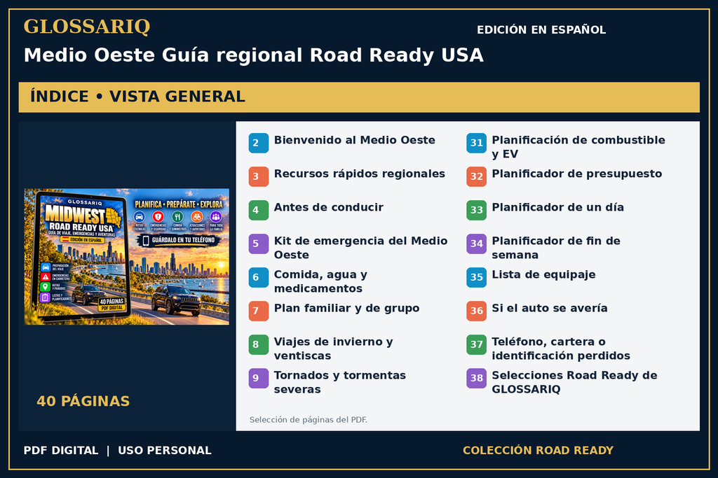 GLOSSARIQ Medio Oeste Guía regional Road Ready USA — edición en español — índice del PDF