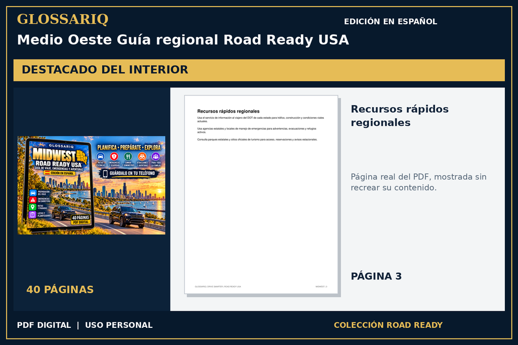 GLOSSARIQ Medio Oeste Guía regional Road Ready USA — edición en español — página real del interior