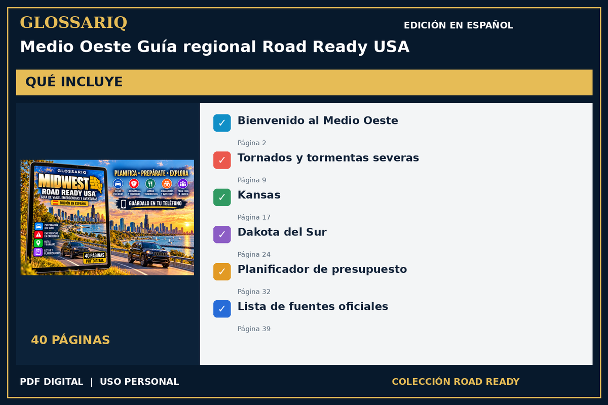GLOSSARIQ Medio Oeste Guía regional Road Ready USA — edición en español — contenido incluido