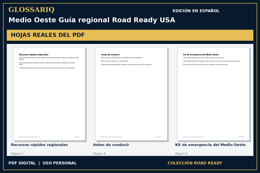 GLOSSARIQ Medio Oeste Guía regional Road Ready USA — edición en español — tres hojas reales del PDF