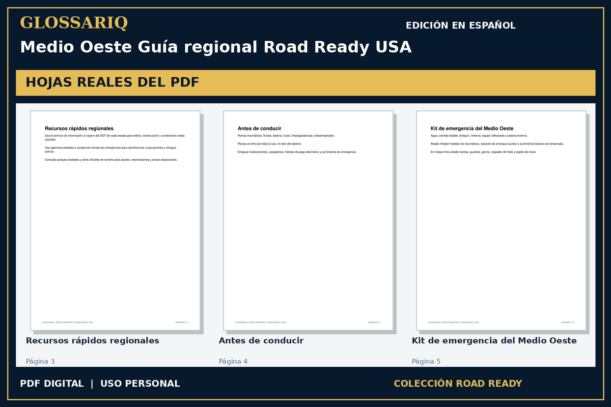 GLOSSARIQ Medio Oeste Guía regional Road Ready USA — edición en español — tres hojas reales del PDF