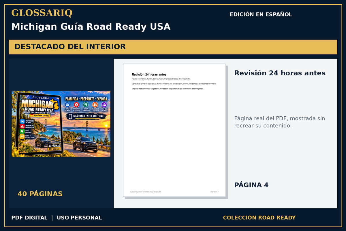 GLOSSARIQ Michigan Guía Road Ready USA — edición en español — página real del interior